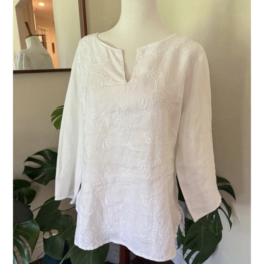 Tweeds 100% Linen Embroidered Blouse Women's XL White 3/4 Sleeve Side Zip Top